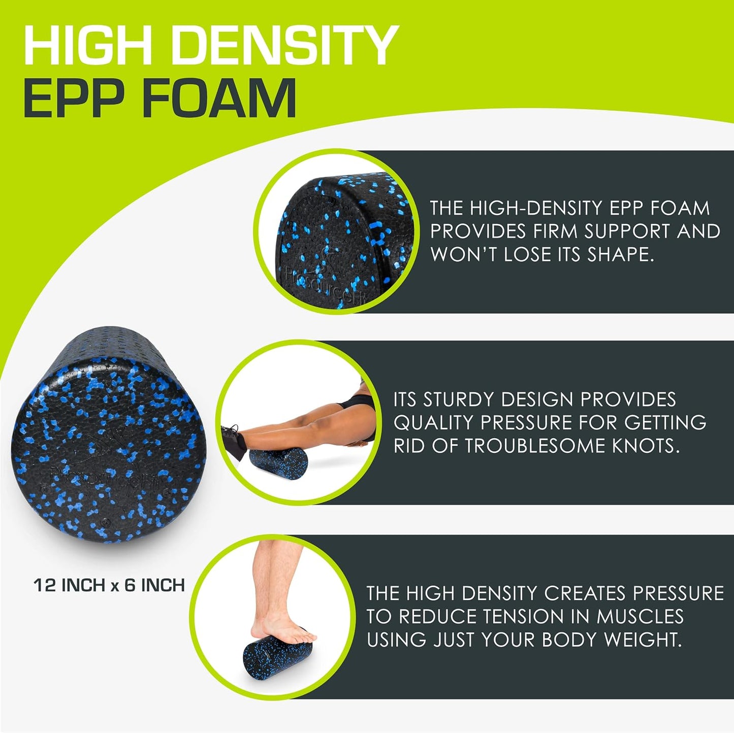 High Density Foam Rollers 12 - inches long, Firm Full Body Athletic Massage Tool for Back Stretching, Yoga, Pilates, Post Workout Muscle Recuperation, Black/Blue
