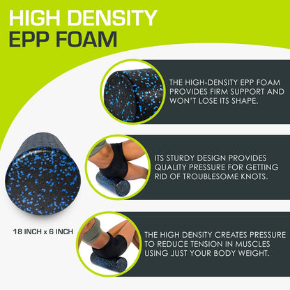 High Density Foam Rollers 12 - inches long, Firm Full Body Athletic Massage Tool for Back Stretching, Yoga, Pilates, Post Workout Muscle Recuperation, Black/Blue