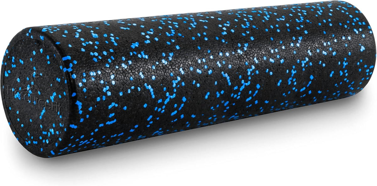 High Density Foam Rollers 12 - inches long, Firm Full Body Athletic Massage Tool for Back Stretching, Yoga, Pilates, Post Workout Muscle Recuperation, Black/Blue