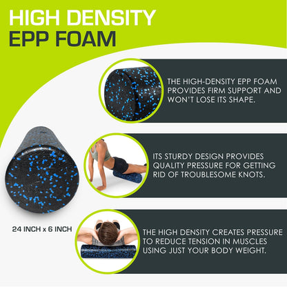 High Density Foam Rollers 12 - inches long, Firm Full Body Athletic Massage Tool for Back Stretching, Yoga, Pilates, Post Workout Muscle Recuperation, Black/Blue