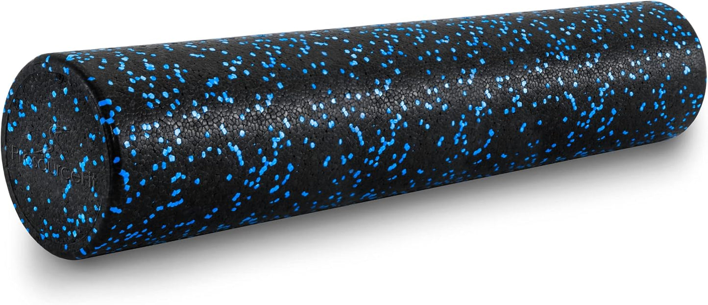 High Density Foam Rollers 12 - inches long, Firm Full Body Athletic Massage Tool for Back Stretching, Yoga, Pilates, Post Workout Muscle Recuperation, Black/Blue