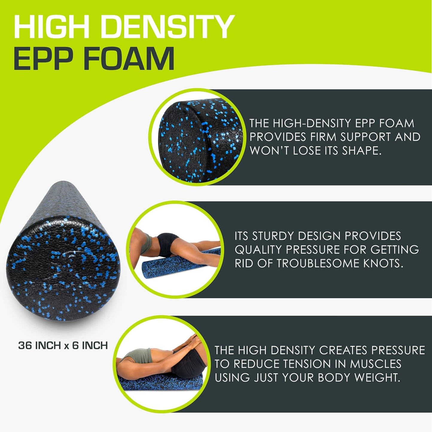 High Density Foam Rollers 12 - inches long, Firm Full Body Athletic Massage Tool for Back Stretching, Yoga, Pilates, Post Workout Muscle Recuperation, Black/Blue