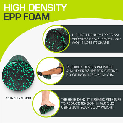 High Density Foam Rollers 12 - inches long, Firm Full Body Athletic Massage Tool for Back Stretching, Yoga, Pilates, Post Workout Muscle Recuperation, Black/Blue