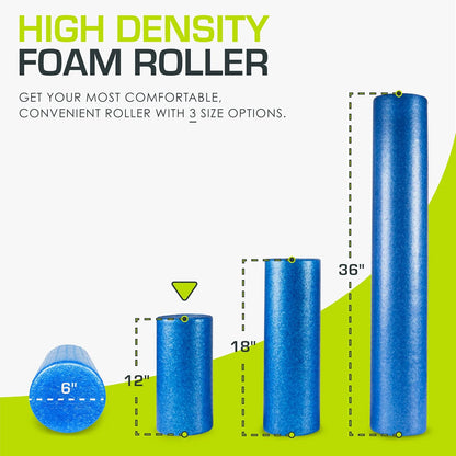 High Density Foam Rollers 12 - inches long, Firm Full Body Athletic Massage Tool for Back Stretching, Yoga, Pilates, Post Workout Muscle Recuperation, Black/Blue