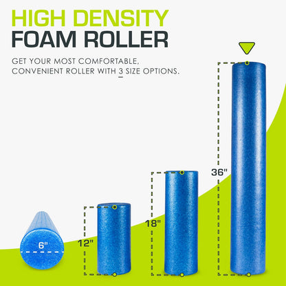 High Density Foam Rollers 12 - inches long, Firm Full Body Athletic Massage Tool for Back Stretching, Yoga, Pilates, Post Workout Muscle Recuperation, Black/Blue