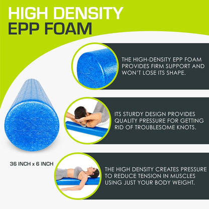 High Density Foam Rollers 12 - inches long, Firm Full Body Athletic Massage Tool for Back Stretching, Yoga, Pilates, Post Workout Muscle Recuperation, Black/Blue