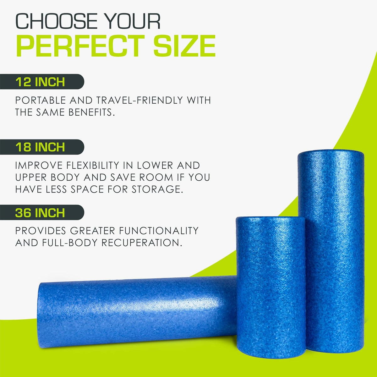 High Density Foam Rollers 12 - inches long, Firm Full Body Athletic Massage Tool for Back Stretching, Yoga, Pilates, Post Workout Muscle Recuperation, Black/Blue
