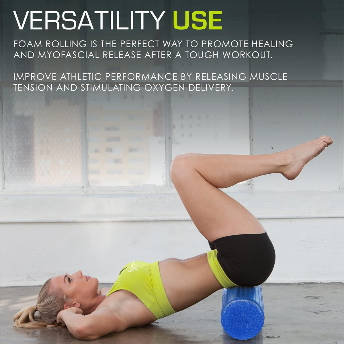 High Density Foam Rollers 12 - inches long, Firm Full Body Athletic Massage Tool for Back Stretching, Yoga, Pilates, Post Workout Muscle Recuperation, Black/Blue