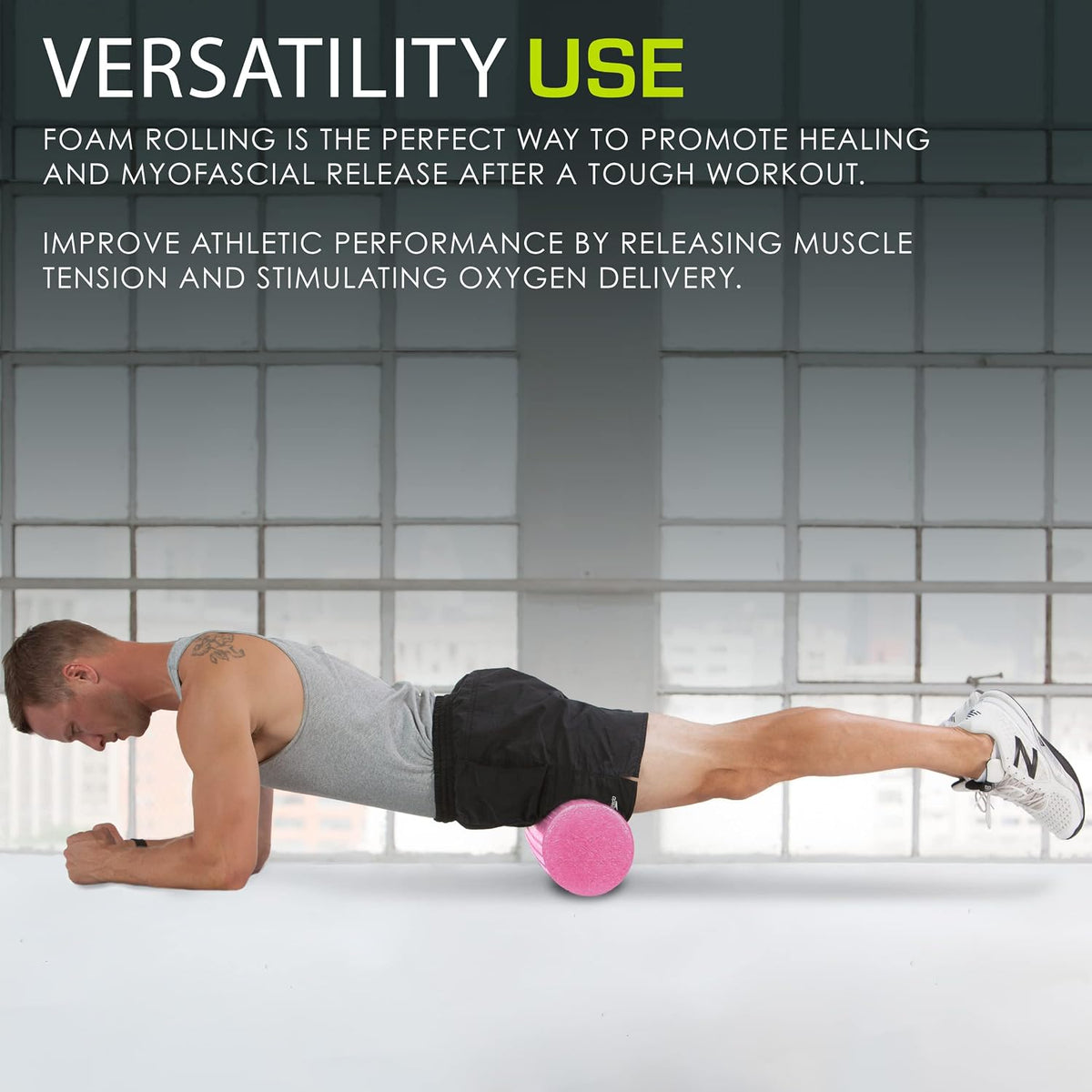 High Density Foam Rollers 12 - inches long, Firm Full Body Athletic Massage Tool for Back Stretching, Yoga, Pilates, Post Workout Muscle Recuperation, Black/Blue