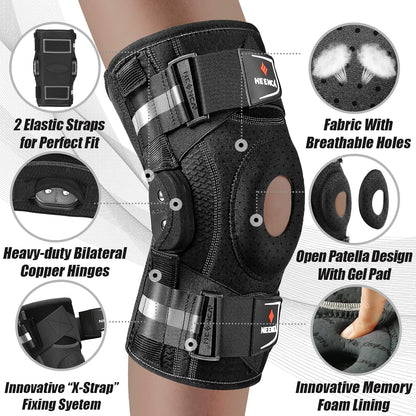 Professional Knee Brace for Knee Pain, Hinged Knee Support with Patented X-Strap Fixing System, Medical for Pain Relief, Arthritis, Meniscus Tear, ACL, PCL, MCL, Runner, Sport