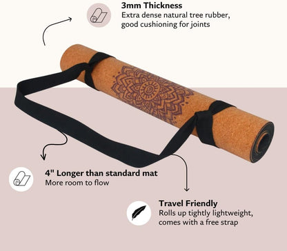 Cork Yoga Mat - Artist Designed, Premium Printed Eco-Friendly Non-Slip mat, Great for Regular & Hot Yoga, Pilates, Workouts 72 inch x 24 inch x 3mm Thick