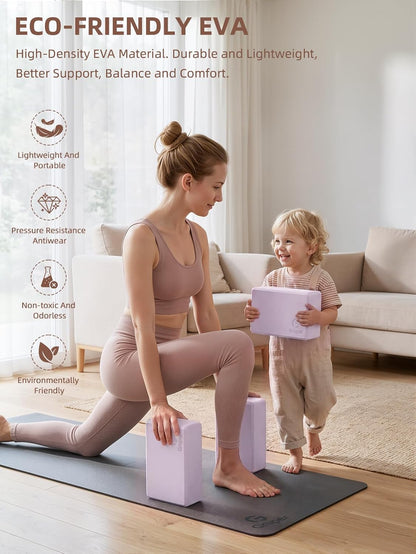 Yoga Blocks 2 Pack, 9"x6"x3" Exercise Blocks High-Density EVA Foam Blocks with Soft Non-Slip Surface, Lightweight Yoga Props for Yoga Pilates Meditation & Stretching