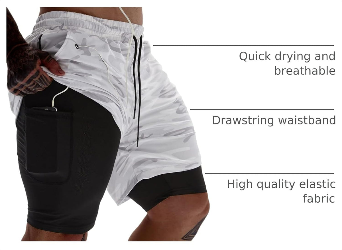 JWJ Mens 2 in 1 Running Shorts Quick Dry Gym Athletic Workout Clothes with Side Pockets