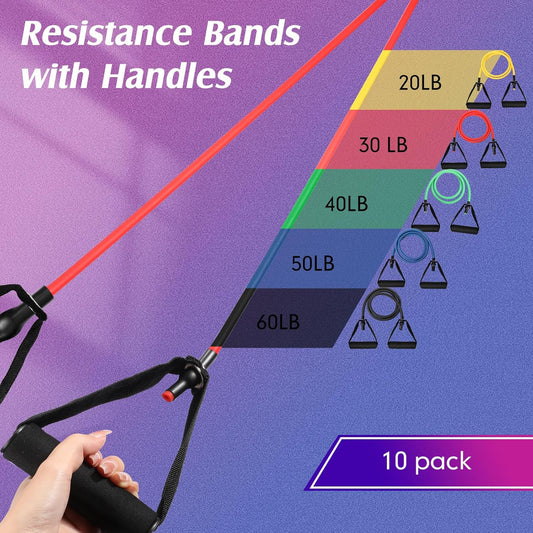 10 Pcs Resistance Bands with Handles Exercise Stretch Bands for Exercise Woman Man Training Physical Therapy Workouts Fitness