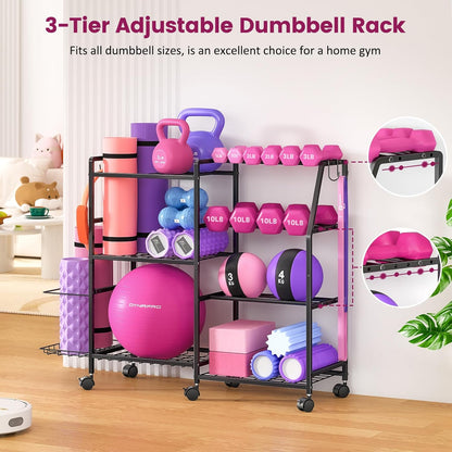 Dumbbell Rack, Weight Rack for Home Gym, Yoga Mat Storage Rack, Exercise Equipment Storage with Wheels and Hooks, Home Gym Equipment Organizer for Kettlebells