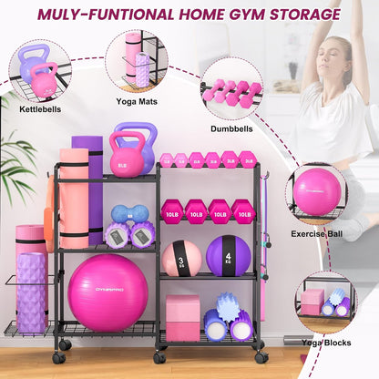 Dumbbell Rack, Weight Rack for Home Gym, Yoga Mat Storage Rack, Exercise Equipment Storage with Wheels and Hooks, Home Gym Equipment Organizer for Kettlebells