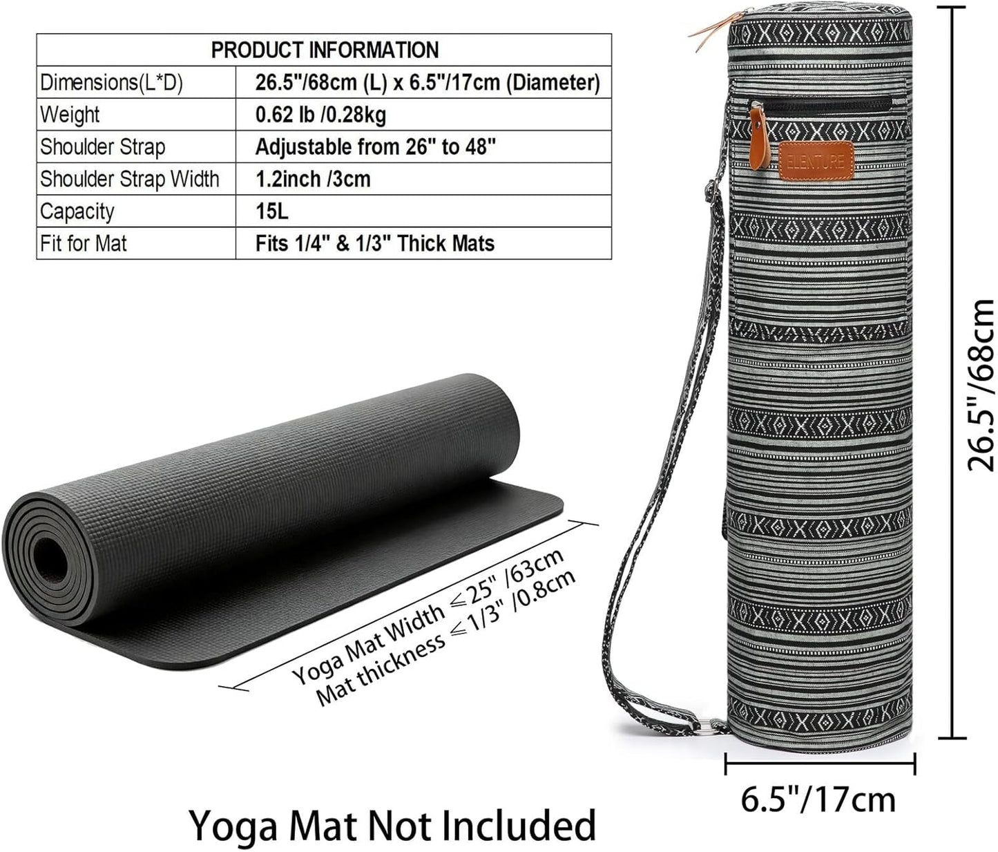 Canvas Yoga Mat Bag with Adjustable Strap & Pockets, Full-Zip Travel Gym Tote for Women & Men, Fits 1/4" & 1/3" Thick Mats, Lightweight Carrier for Yoga, Studio, Workout, Outdoor Use