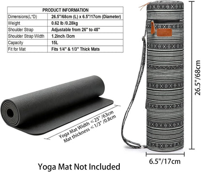 Canvas Yoga Mat Bag with Adjustable Strap & Pockets, Full-Zip Travel Gym Tote for Women & Men, Fits 1/4" & 1/3" Thick Mats, Lightweight Carrier for Yoga, Studio, Workout, Outdoor Use