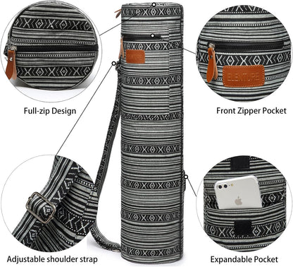Canvas Yoga Mat Bag with Adjustable Strap & Pockets, Full-Zip Travel Gym Tote for Women & Men, Fits 1/4" & 1/3" Thick Mats, Lightweight Carrier for Yoga, Studio, Workout, Outdoor Use