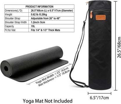 Canvas Yoga Mat Bag with Adjustable Strap & Pockets, Full-Zip Travel Gym Tote for Women & Men, Fits 1/4" & 1/3" Thick Mats, Lightweight Carrier for Yoga, Studio, Workout, Outdoor Use