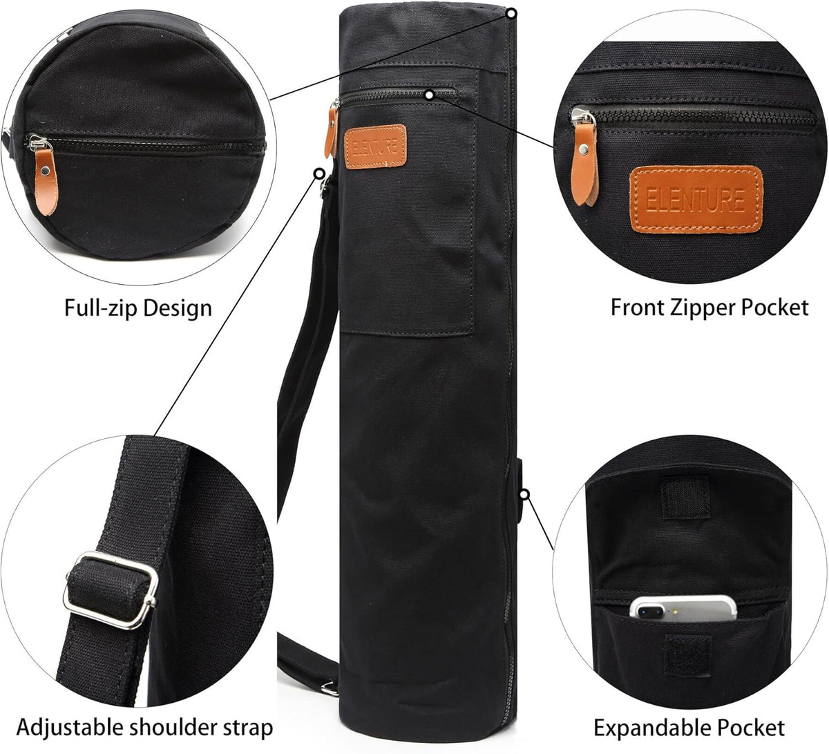 Canvas Yoga Mat Bag with Adjustable Strap & Pockets, Full-Zip Travel Gym Tote for Women & Men, Fits 1/4" & 1/3" Thick Mats, Lightweight Carrier for Yoga, Studio, Workout, Outdoor Use