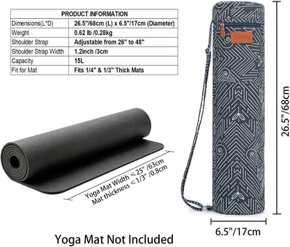 Canvas Yoga Mat Bag with Adjustable Strap & Pockets, Full-Zip Travel Gym Tote for Women & Men, Fits 1/4" & 1/3" Thick Mats, Lightweight Carrier for Yoga, Studio, Workout, Outdoor Use