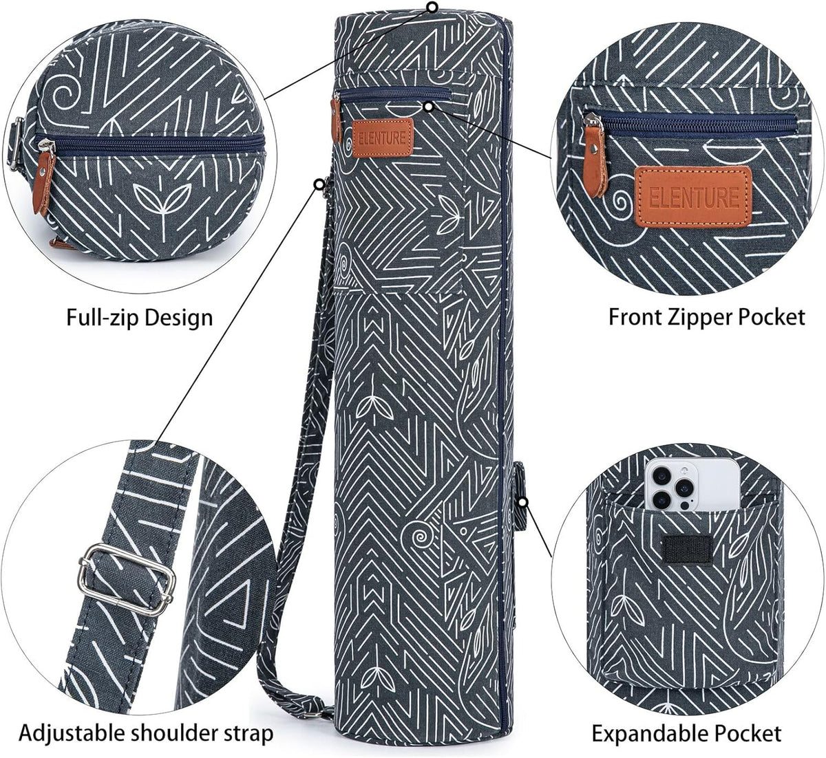 Canvas Yoga Mat Bag with Adjustable Strap & Pockets, Full-Zip Travel Gym Tote for Women & Men, Fits 1/4" & 1/3" Thick Mats, Lightweight Carrier for Yoga, Studio, Workout, Outdoor Use