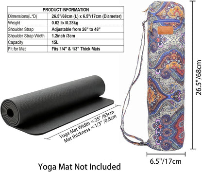 Canvas Yoga Mat Bag with Adjustable Strap & Pockets, Full-Zip Travel Gym Tote for Women & Men, Fits 1/4" & 1/3" Thick Mats, Lightweight Carrier for Yoga, Studio, Workout, Outdoor Use