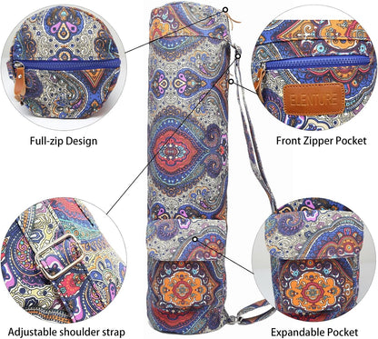 Canvas Yoga Mat Bag with Adjustable Strap & Pockets, Full-Zip Travel Gym Tote for Women & Men, Fits 1/4" & 1/3" Thick Mats, Lightweight Carrier for Yoga, Studio, Workout, Outdoor Use