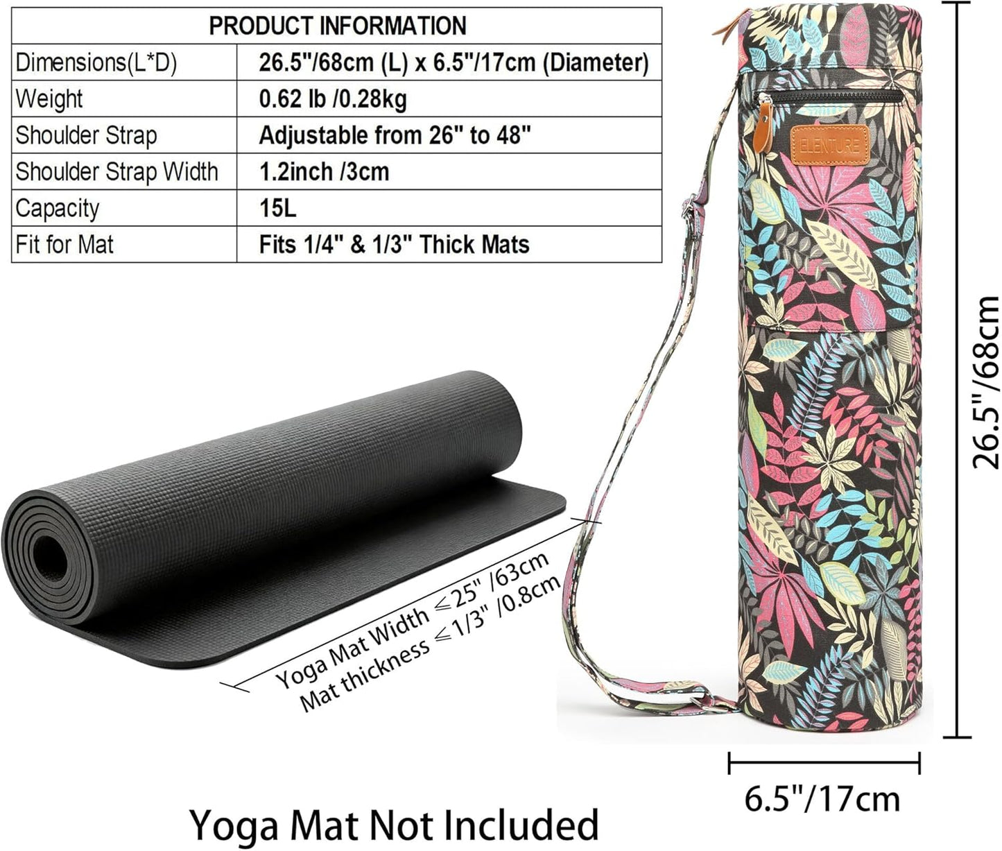 Canvas Yoga Mat Bag with Adjustable Strap & Pockets, Full-Zip Travel Gym Tote for Women & Men, Fits 1/4" & 1/3" Thick Mats, Lightweight Carrier for Yoga, Studio, Workout, Outdoor Use