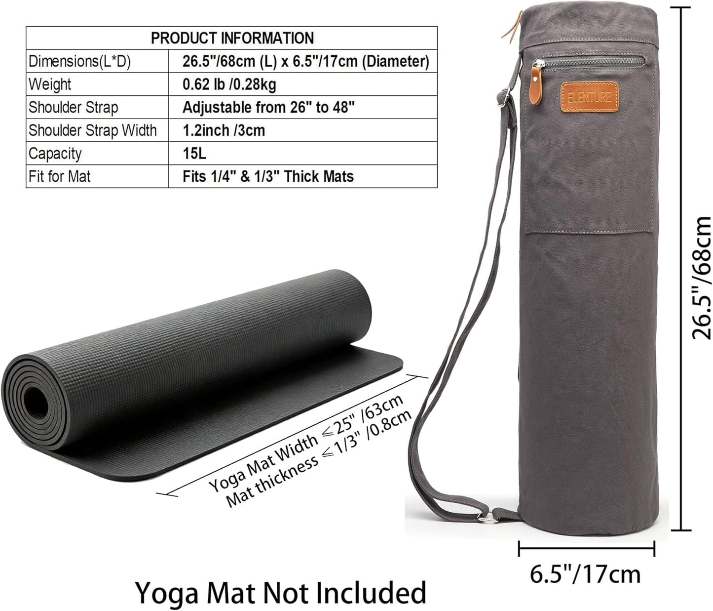 Canvas Yoga Mat Bag with Adjustable Strap & Pockets, Full-Zip Travel Gym Tote for Women & Men, Fits 1/4" & 1/3" Thick Mats, Lightweight Carrier for Yoga, Studio, Workout, Outdoor Use