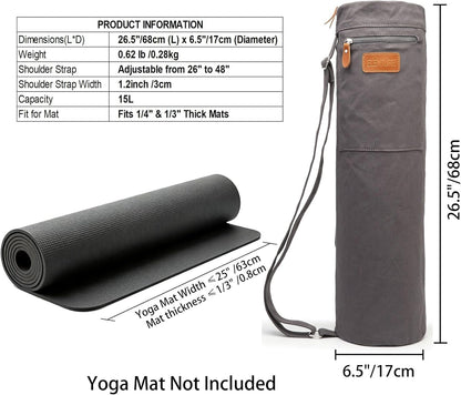Canvas Yoga Mat Bag with Adjustable Strap & Pockets, Full-Zip Travel Gym Tote for Women & Men, Fits 1/4" & 1/3" Thick Mats, Lightweight Carrier for Yoga, Studio, Workout, Outdoor Use