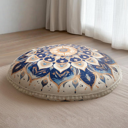 Meditation Cushion 32 Inch Round, Large Floor Pillow Seating for Adults, Bohemian Mandala Yoga Cushion, Extra Thick Memory Foam Removable Washable Cover, Ideal Gift & Holiday Decor, Blue