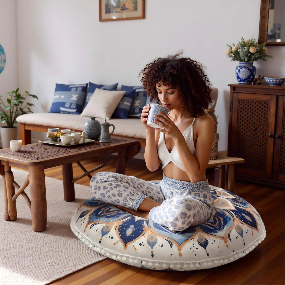 Meditation Cushion 32 Inch Round, Large Floor Pillow Seating for Adults, Bohemian Mandala Yoga Cushion, Extra Thick Memory Foam Removable Washable Cover, Ideal Gift & Holiday Decor, Blue