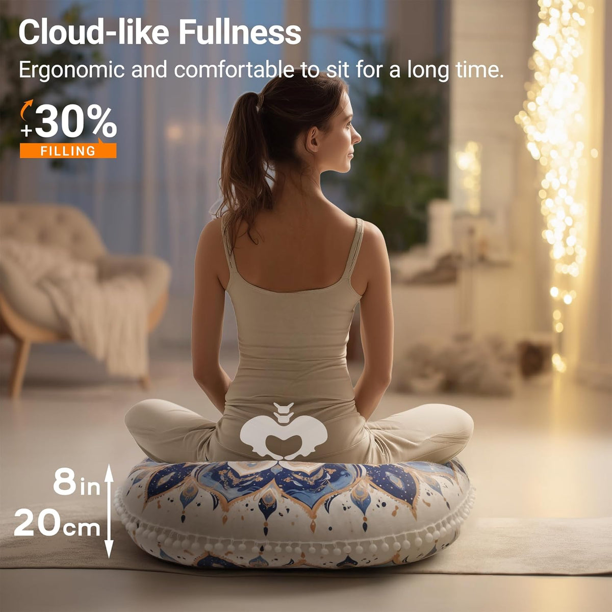 Meditation Cushion 32 Inch Round, Large Floor Pillow Seating for Adults, Bohemian Mandala Yoga Cushion, Extra Thick Memory Foam Removable Washable Cover, Ideal Gift & Holiday Decor, Blue