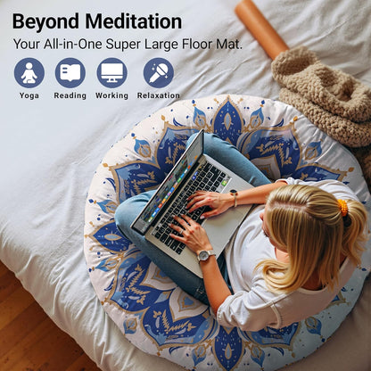 Meditation Cushion 32 Inch Round, Large Floor Pillow Seating for Adults, Bohemian Mandala Yoga Cushion, Extra Thick Memory Foam Removable Washable Cover, Ideal Gift & Holiday Decor, Blue