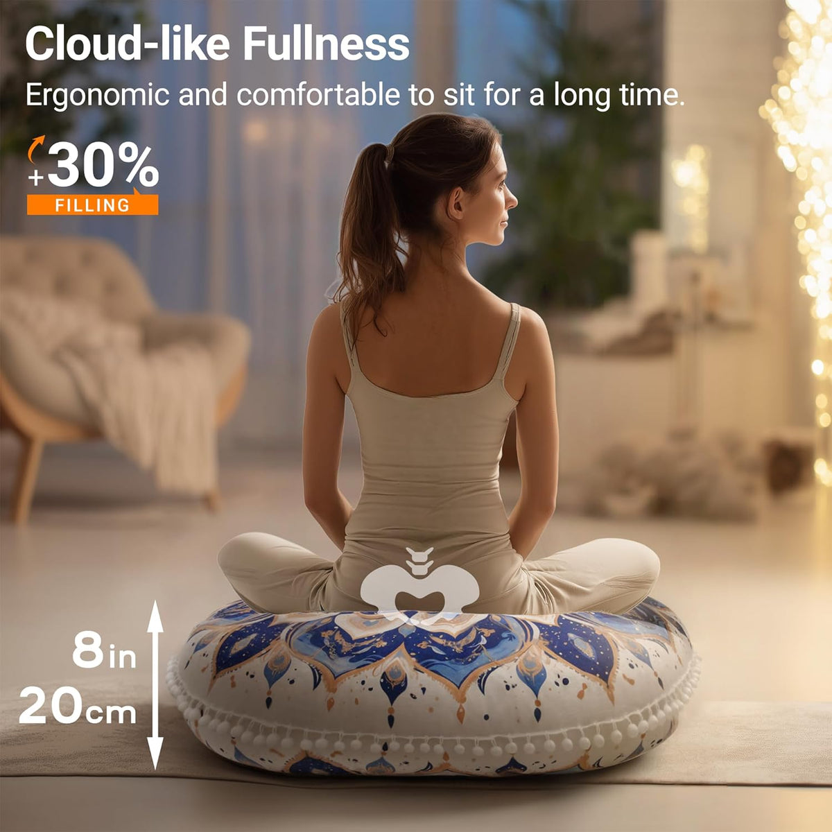 Meditation Cushion 32 Inch Round, Large Floor Pillow Seating for Adults, Bohemian Mandala Yoga Cushion, Extra Thick Memory Foam Removable Washable Cover, Ideal Gift & Holiday Decor, Blue