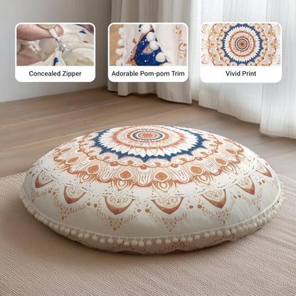 Meditation Cushion 32 Inch Round, Large Floor Pillow Seating for Adults, Bohemian Mandala Yoga Cushion, Extra Thick Memory Foam Removable Washable Cover, Ideal Gift & Holiday Decor, Blue