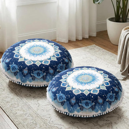 Meditation Cushion 32 Inch Round, Large Floor Pillow Seating for Adults, Bohemian Mandala Yoga Cushion, Extra Thick Memory Foam Removable Washable Cover, Ideal Gift & Holiday Decor, Blue