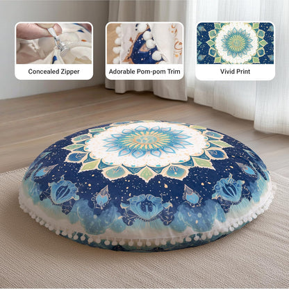 Meditation Cushion 32 Inch Round, Large Floor Pillow Seating for Adults, Bohemian Mandala Yoga Cushion, Extra Thick Memory Foam Removable Washable Cover, Ideal Gift & Holiday Decor, Blue
