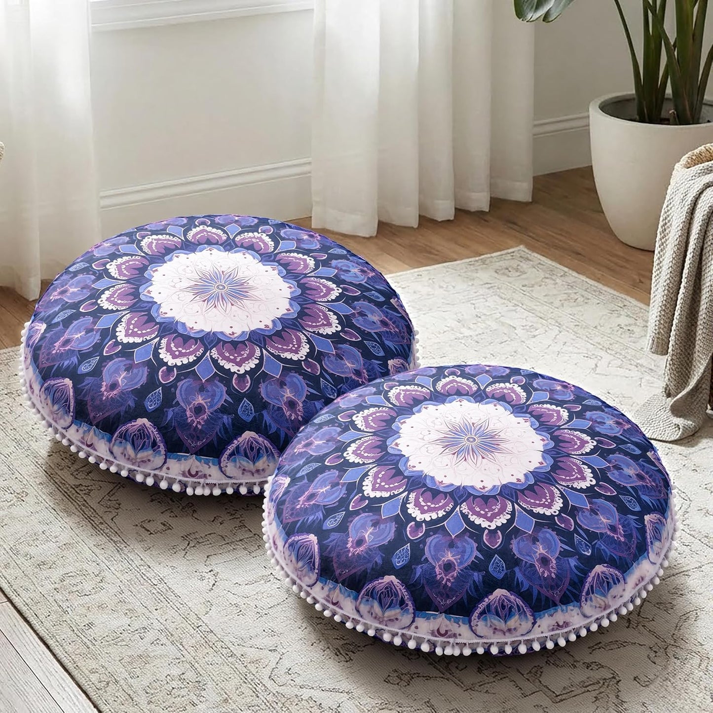 Meditation Cushion 32 Inch Round, Large Floor Pillow Seating for Adults, Bohemian Mandala Yoga Cushion, Extra Thick Memory Foam Removable Washable Cover, Ideal Gift & Holiday Decor, Blue