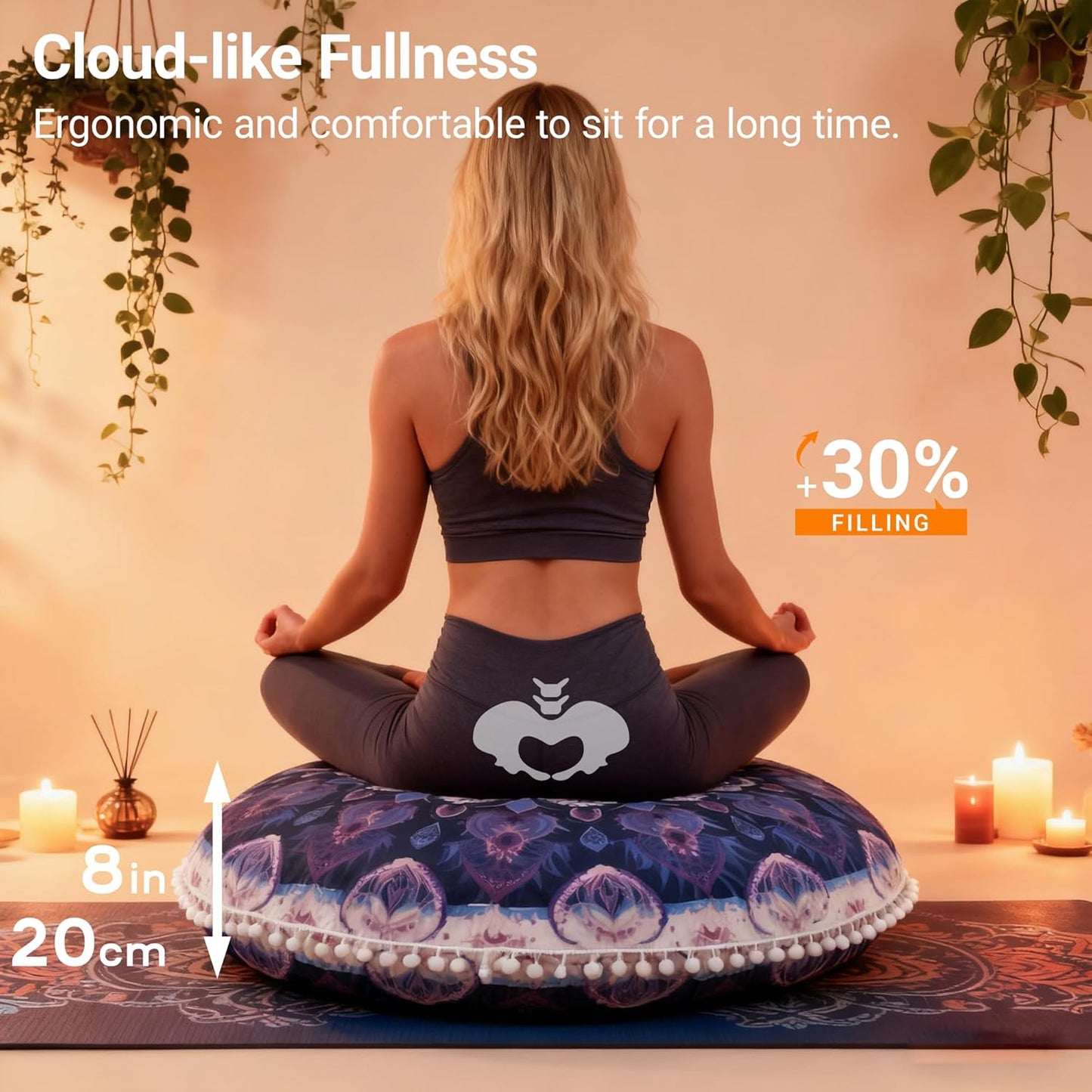 Meditation Cushion 32 Inch Round, Large Floor Pillow Seating for Adults, Bohemian Mandala Yoga Cushion, Extra Thick Memory Foam Removable Washable Cover, Ideal Gift & Holiday Decor, Blue