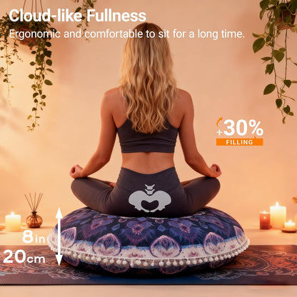 Meditation Cushion 32 Inch Round, Large Floor Pillow Seating for Adults, Bohemian Mandala Yoga Cushion, Extra Thick Memory Foam Removable Washable Cover, Ideal Gift & Holiday Decor, Blue