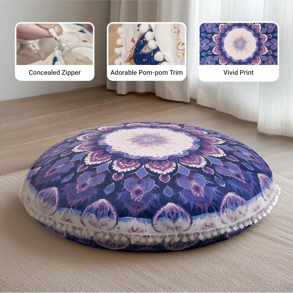 Meditation Cushion 32 Inch Round, Large Floor Pillow Seating for Adults, Bohemian Mandala Yoga Cushion, Extra Thick Memory Foam Removable Washable Cover, Ideal Gift & Holiday Decor, Blue