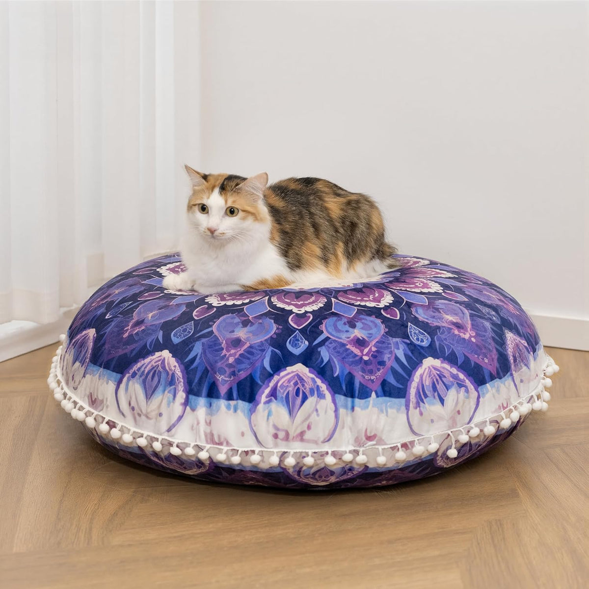 Meditation Cushion 32 Inch Round, Large Floor Pillow Seating for Adults, Bohemian Mandala Yoga Cushion, Extra Thick Memory Foam Removable Washable Cover, Ideal Gift & Holiday Decor, Blue