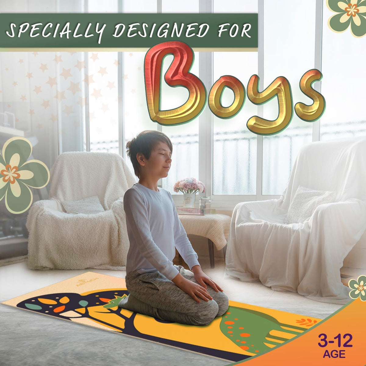 Kids Yoga Mat Set - Comfortable Dinosaur Kid Yoga Mat Boy with 12 Yoga Cards, Storage Bag, Beige Play Mat Thick for Gymnastics Mat, Exercise Mat, No-Toxic and Non-Slip for Ages 3-12