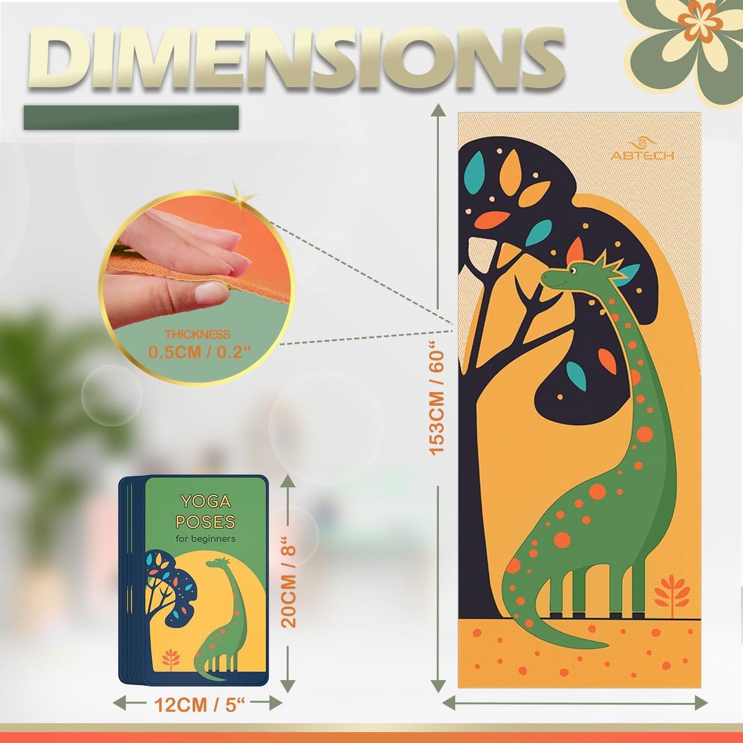 Kids Yoga Mat Set - Comfortable Dinosaur Kid Yoga Mat Boy with 12 Yoga Cards, Storage Bag, Beige Play Mat Thick for Gymnastics Mat, Exercise Mat, No-Toxic and Non-Slip for Ages 3-12