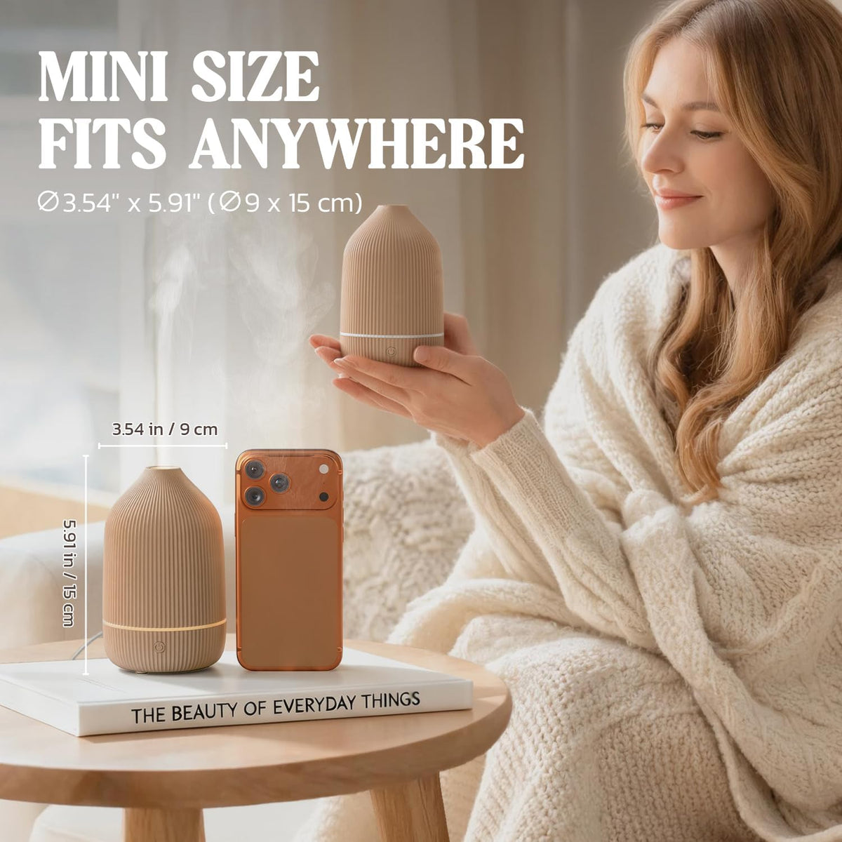 Essential Oil Diffuser, 100ml Aromatherapy Diffuser, Mini Ultrasonic Diffuser for Essential Oil, Home, Office, Cool Mist Humidifier with 7 Led Light, Auto Shut-Off, White