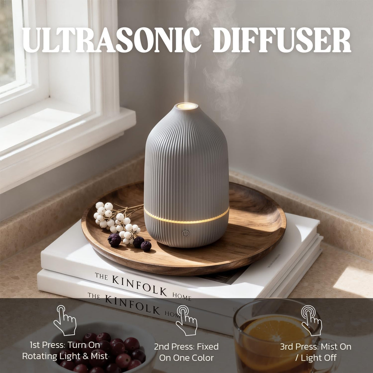 Essential Oil Diffuser, 100ml Aromatherapy Diffuser, Mini Ultrasonic Diffuser for Essential Oil, Home, Office, Cool Mist Humidifier with 7 Led Light, Auto Shut-Off, White