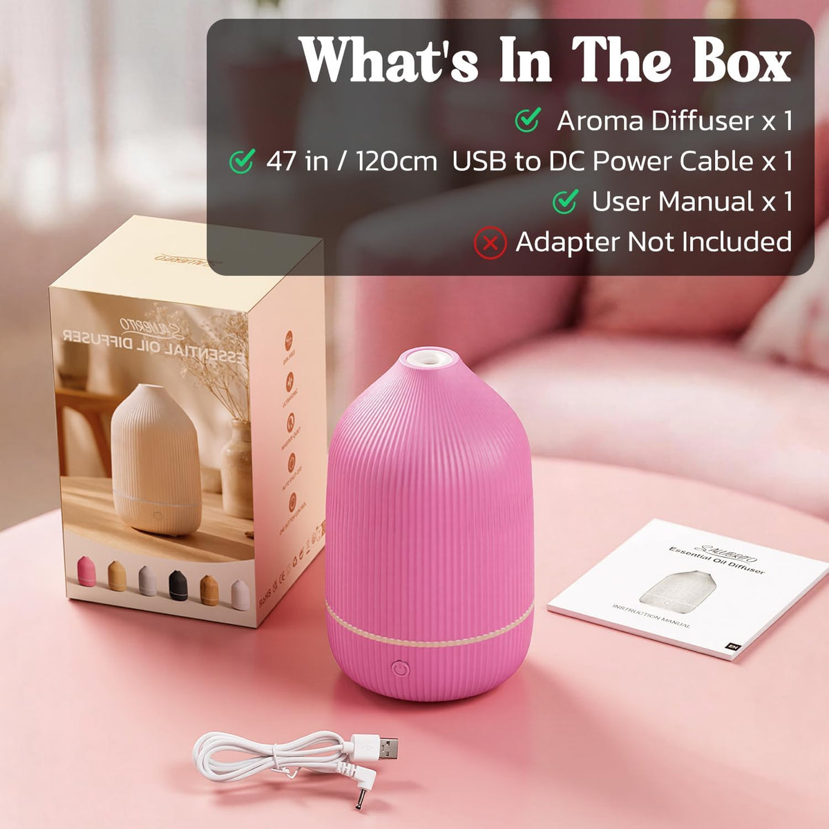 Essential Oil Diffuser, 100ml Aromatherapy Diffuser, Mini Ultrasonic Diffuser for Essential Oil, Home, Office, Cool Mist Humidifier with 7 Led Light, Auto Shut-Off, White